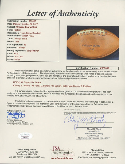 1968 Chicago Bears Team Signed Wilson Football Brian Piccolo Dick Butkus JSA COA