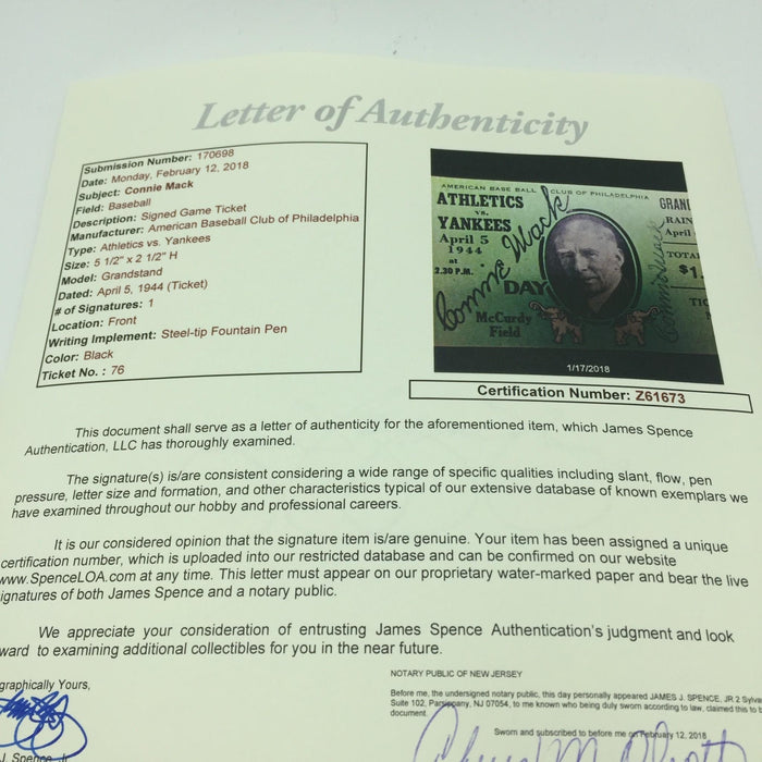 Rare Connie Mack Signed April 5, 1944 "Connie Mack Day Ticket "With JSA COA