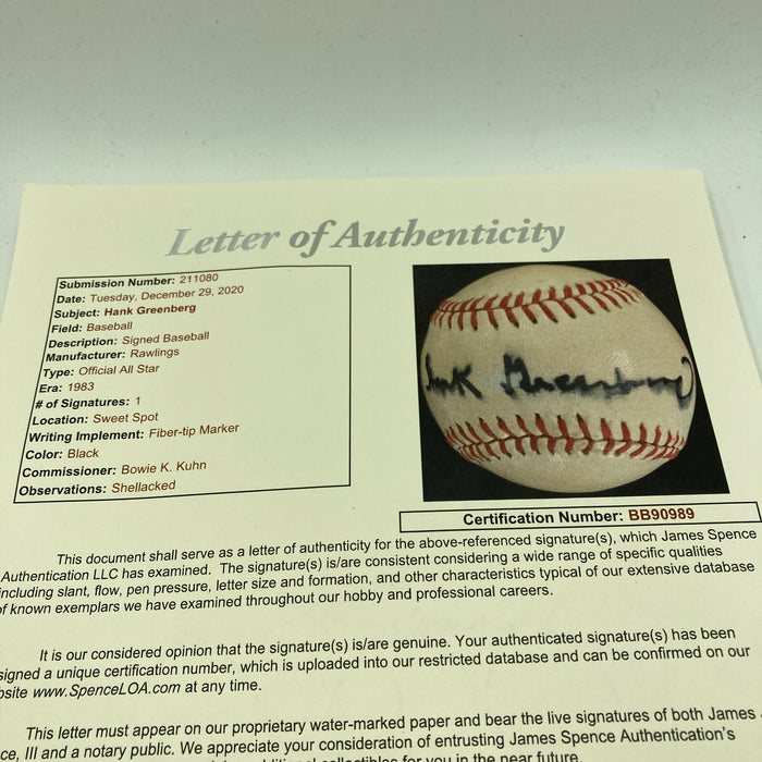 Hank Greenberg Single Signed 1983 All Star Game Baseball With JSA COA
