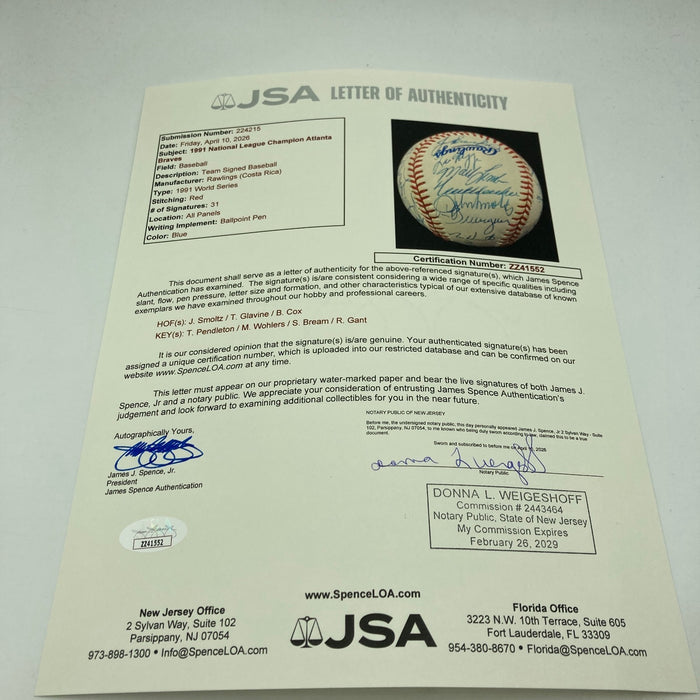 1991 Atlanta Braves NL Champs Team Signed World Series Baseball 31 Sigs JSA COA