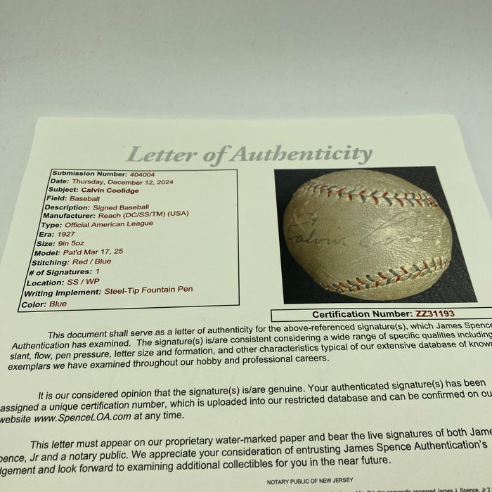 President Calvin Coolidge Single Signed 1927 American League Baseball JSA COA