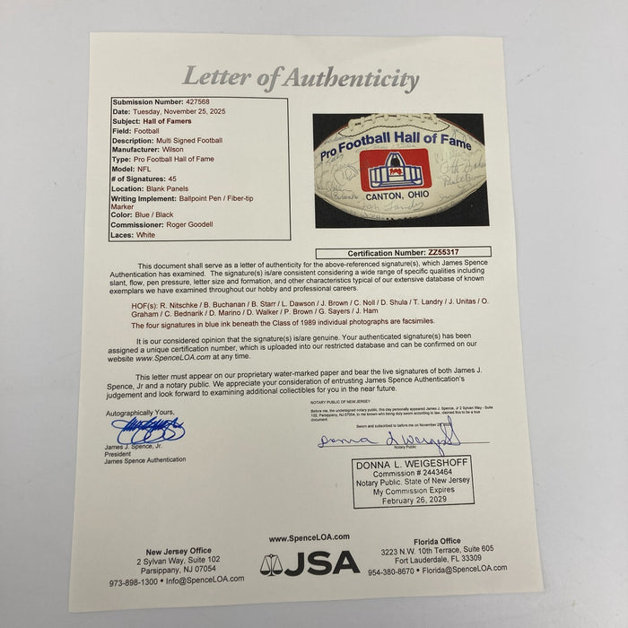 1989 HOF Induction Signed Football 45 Sigs Johnny Unitas Bart Starr Landry JSA