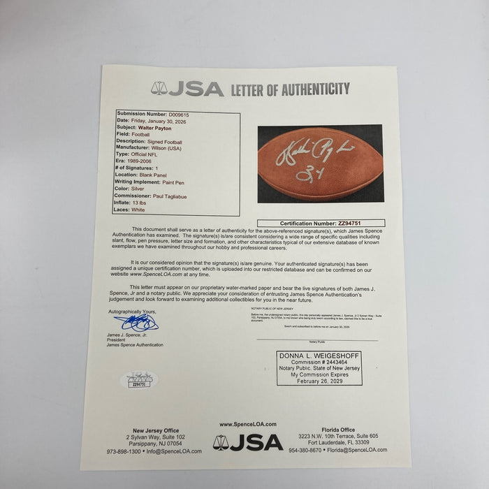 Beautiful Walter Payton #34 Signed Wilson Official NFL Game Football JSA COA