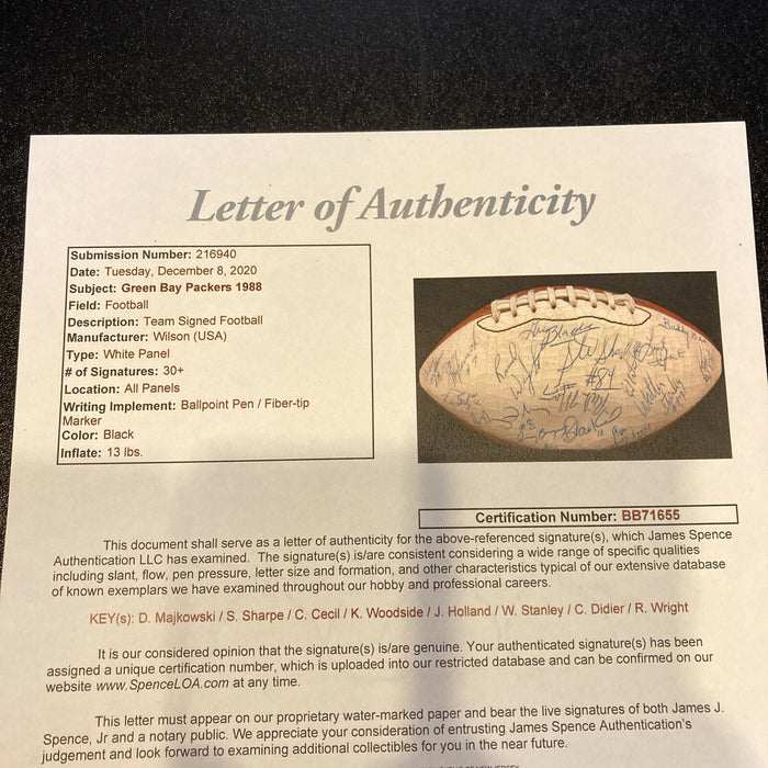 1988 Green Bay Packers Team Signed Wilson NFL Game Football JSA COA
