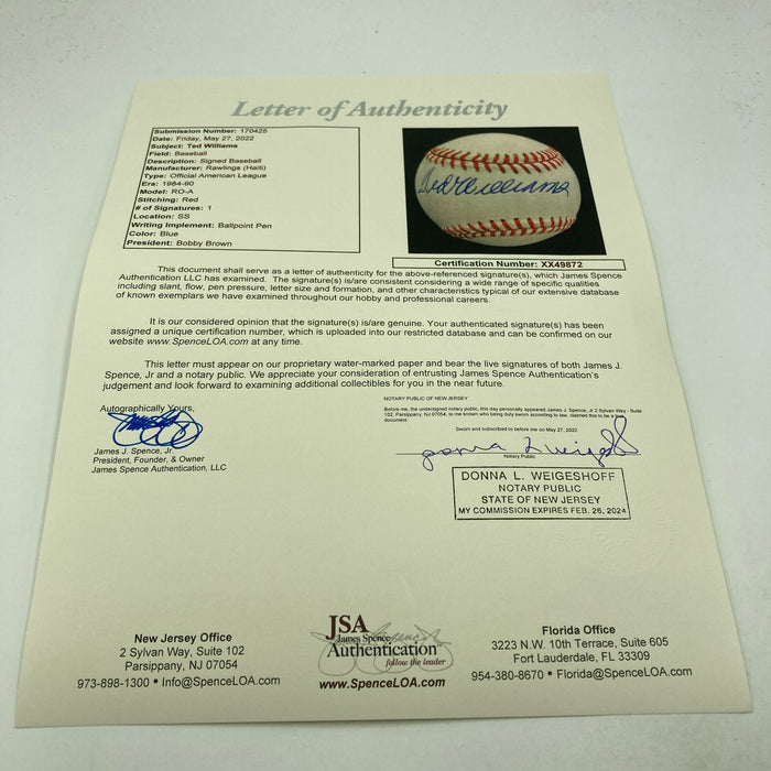 Mint Ted Williams Signed Official American League Baseball JSA COA Beautiful
