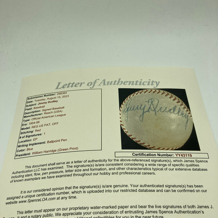 Jimmy Dudley Single Signed 1954 American League Baseball JSA COA Indians HOF