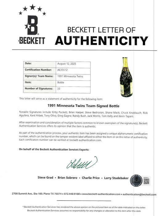 1991 Minnesota Twins W.S. Champs Team Signed Game Used Champagne Bottle Beckett