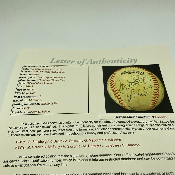 1992 Cubs Signed Baseball Ryne Sandberg Greg Maddux Andre Dawson Mark Grace JSA