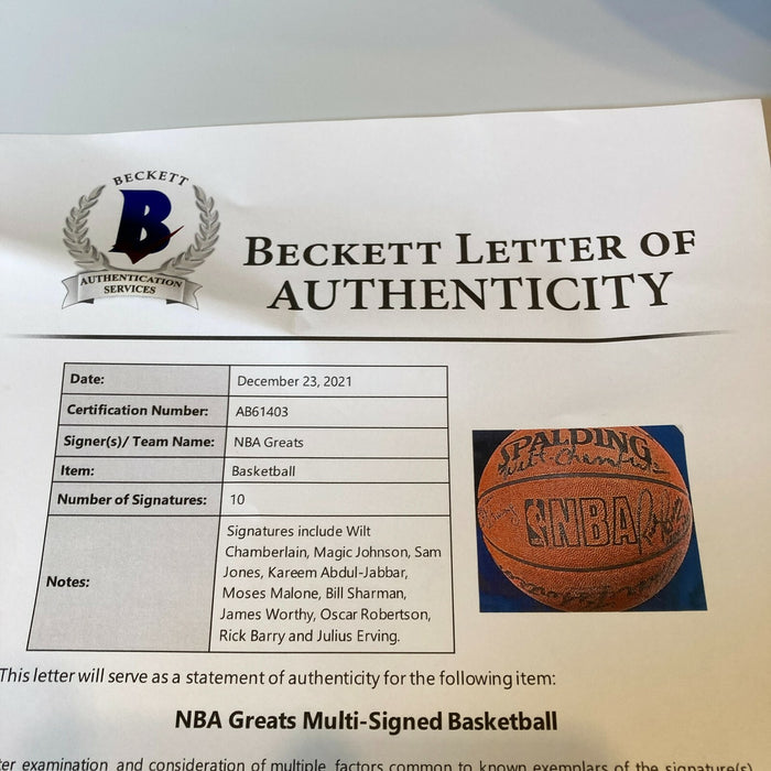 Wilt Chamberlain Kareem Abdul-Jabbar Dr J. Magic Johnson Signed Basketball BAS