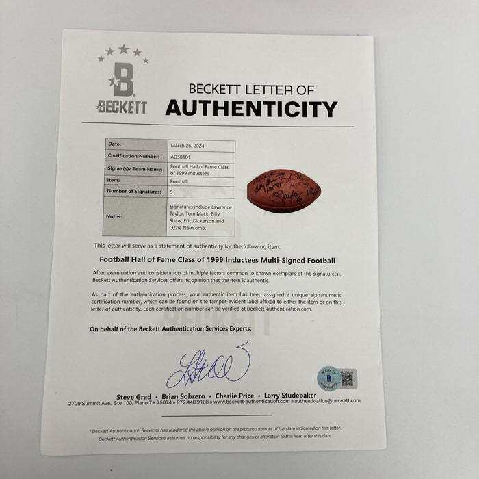 Lawrence Taylor Eric Dickerson 1999 Hall Of Fame Induction Signed Football BAS