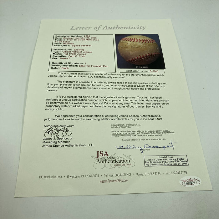 Bill McKechnie Single Signed 1946 National League Frick Baseball JSA COA HOF
