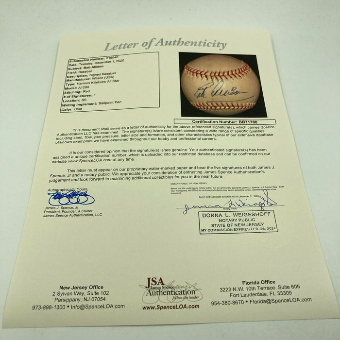 Beautiful Bob Allison 1950's Single Signed Autographed Baseball With JSA COA