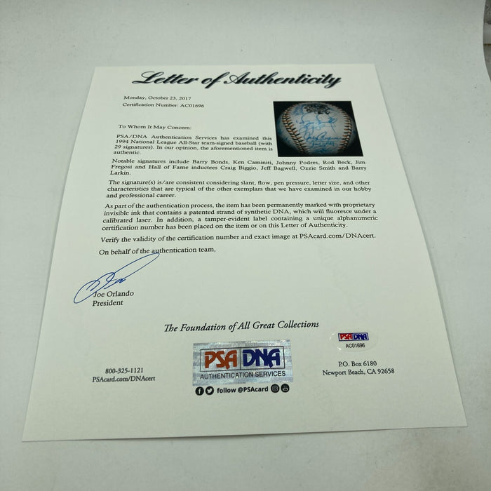 1994 All Star Game National League Team Signed Baseball Barry Bonds PSA DNA COA