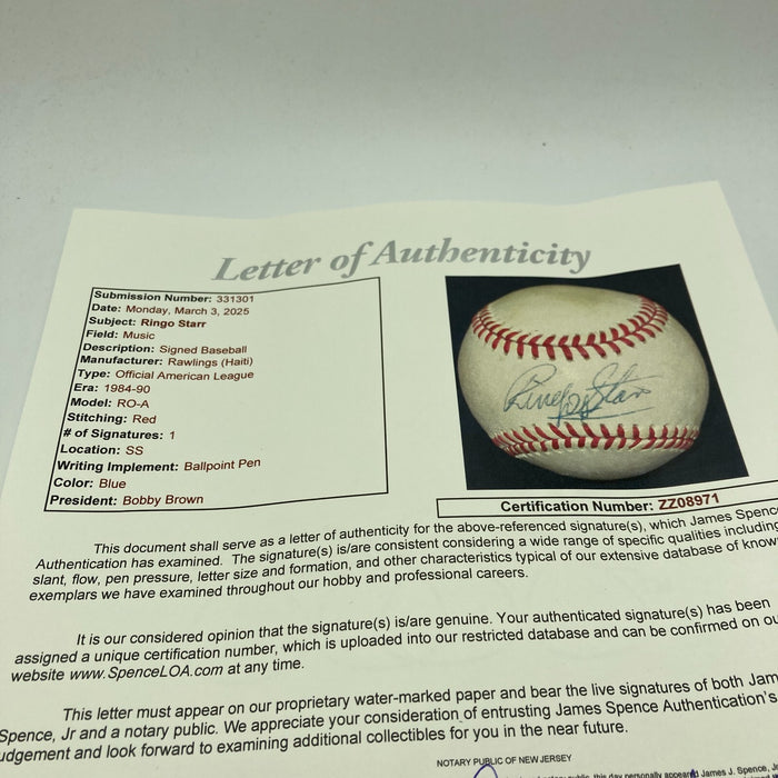 Ringo Starr Beatles Single Signed American League Baseball JSA COA