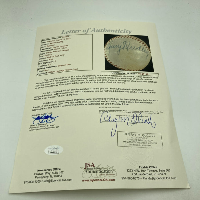 Jimmy Dudley Single Signed 1954 American League Baseball JSA COA Indians HOF