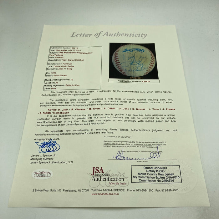 1999 NY Yankees World Series Champs Team Signed Baseball Derek Jeter JSA COA