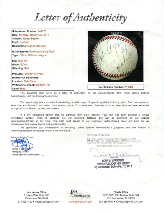 Walter Payton "#34, Sweetness" Signed Inscribed Baseball JSA COA