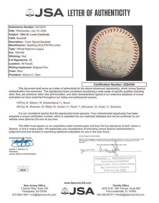 1964 St. Louis Cardinals World Series Champs Team Signed Baseball JSA COA