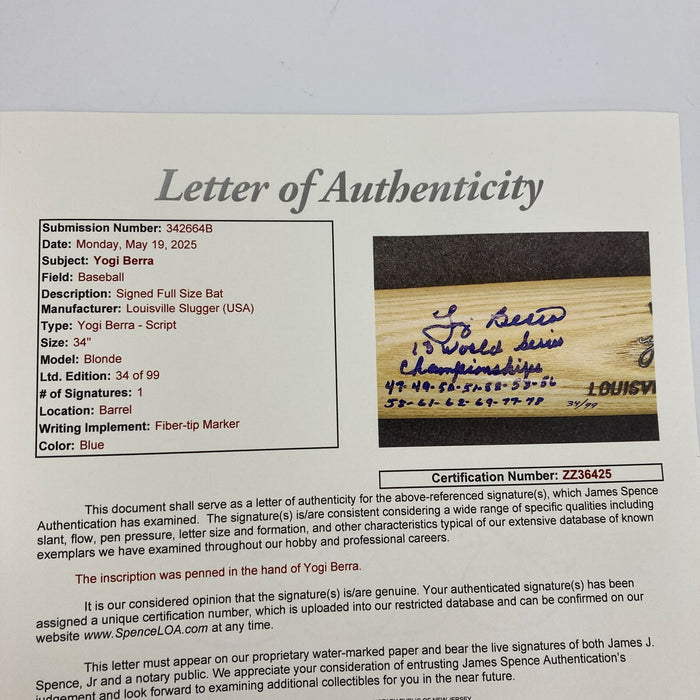 Yogi Berra Signed Heavily Inscribed STAT Game Model Baseball Bat JSA COA