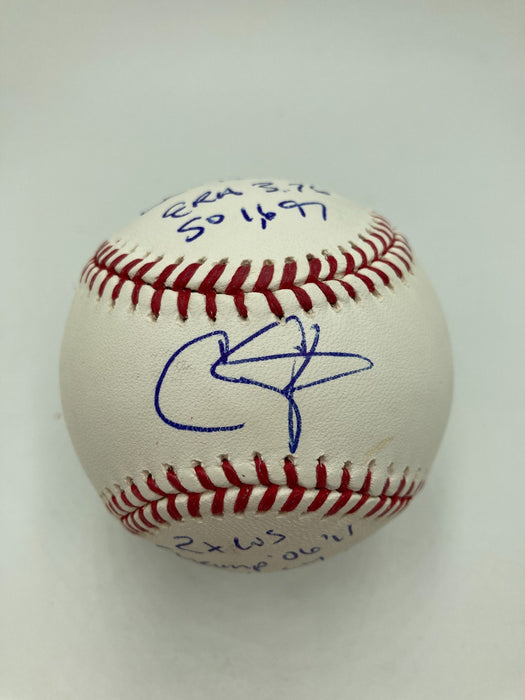 Chris Carpenter Signed Heavily Inscribed STAT Baseball JSA COA