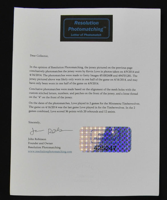 Kevin Love Final Game Minnesota Timberwolves Game Used Jersey Photomatched  COA