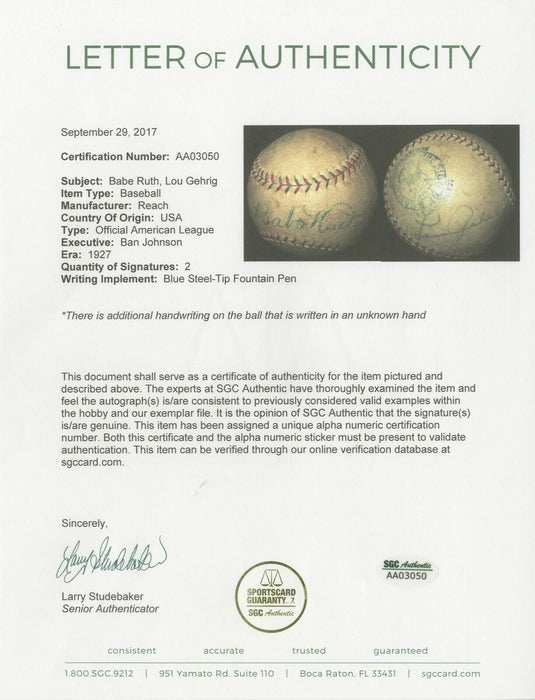 Stunning Babe Ruth & Lou Gehrig 1927 Signed American League Baseball PSA DNA COA