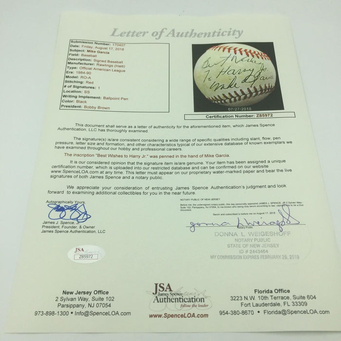 Rare Mike Garcia Single Signed American League Baseball With Signed Card JSA COA