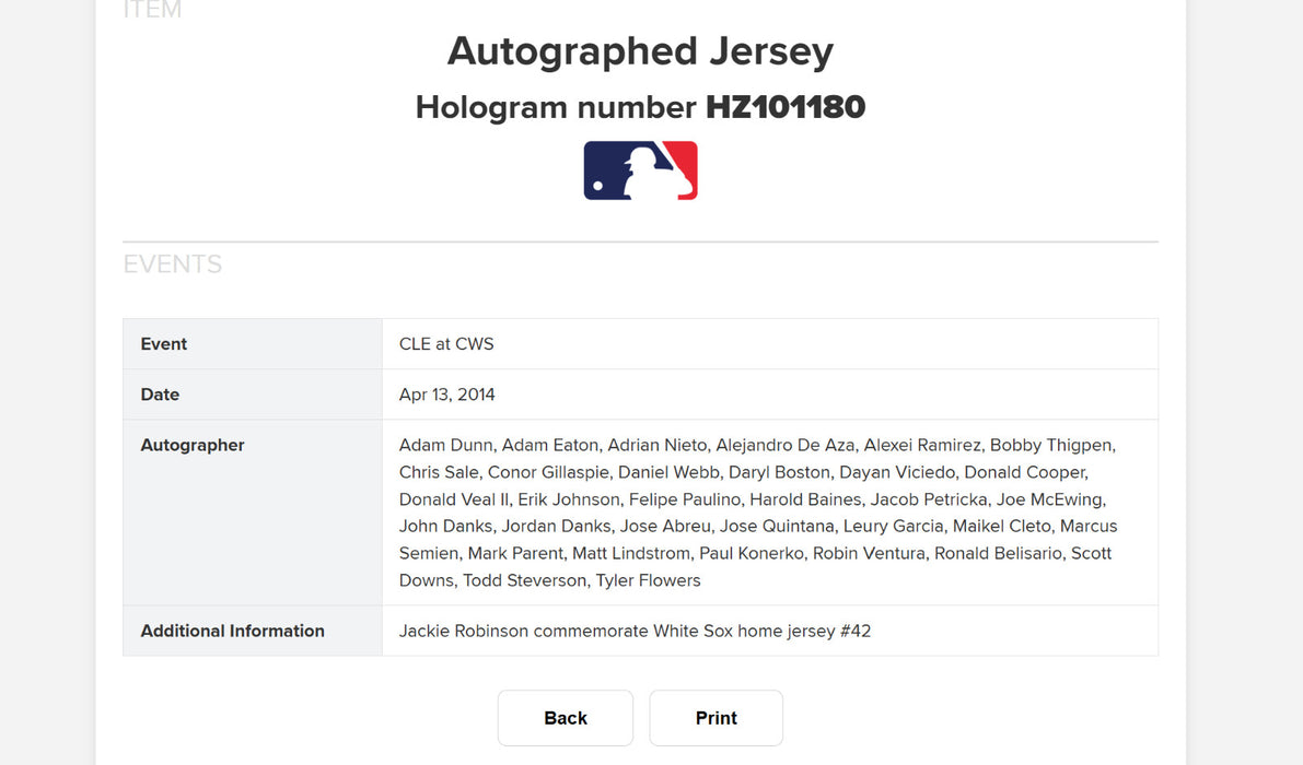 2014 Chicago White Sox Team Signed Jackie Robinson Day Jersey JSA COA & MLB Auth