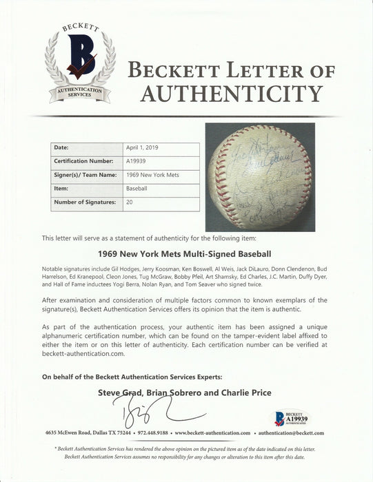 Vintage 1969 New York Mets WS Champs Team Signed Baseball Tom Seaver Beckett COA