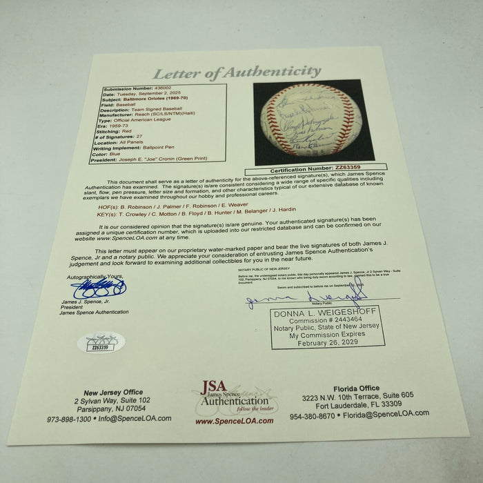 The Finest 1970 Baltimore Orioles World Series Champs Team Signed Baseball JSA