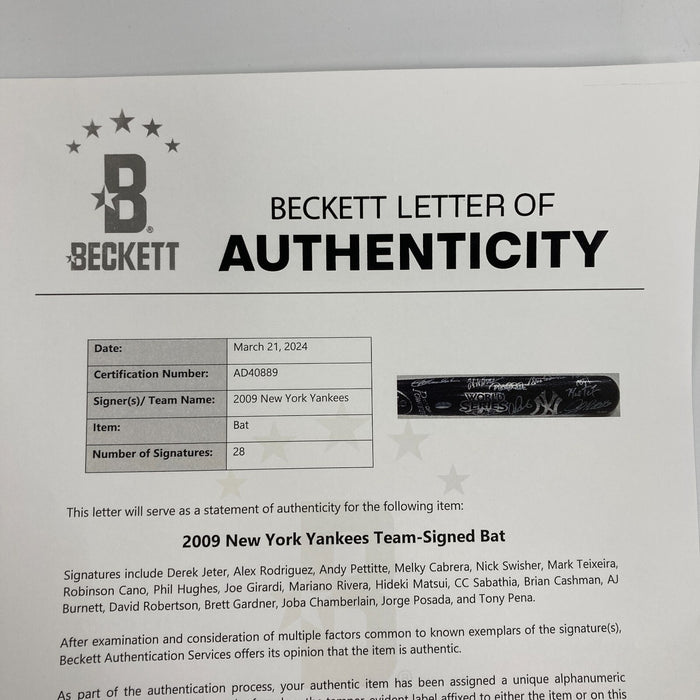 2009 New York Yankees World Series Champs Team Signed Bat #5/50 Beckett COA