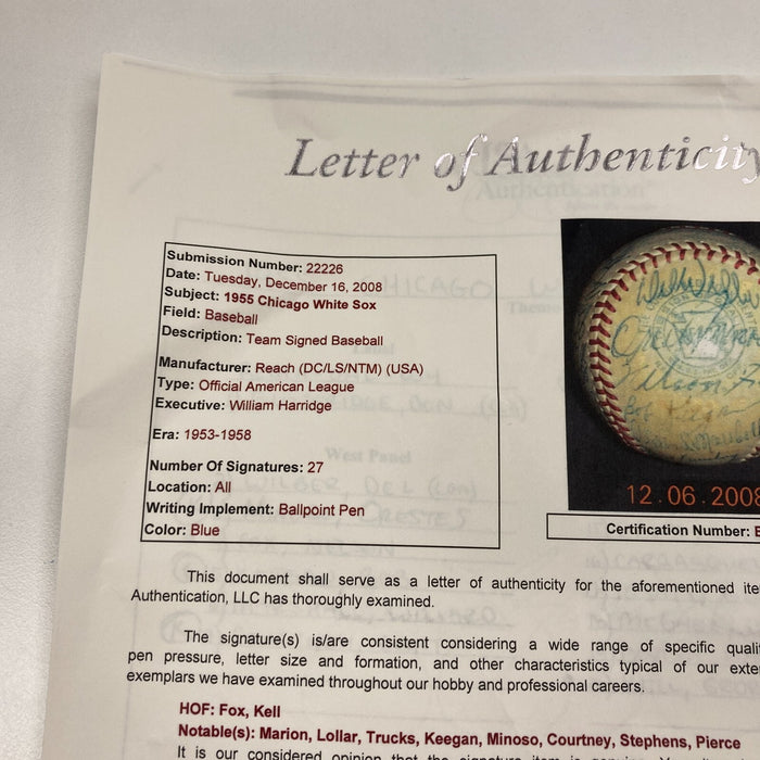 Nellie Fox 1955 Chicago White Sox Team Signed American League Baseball JSA COA