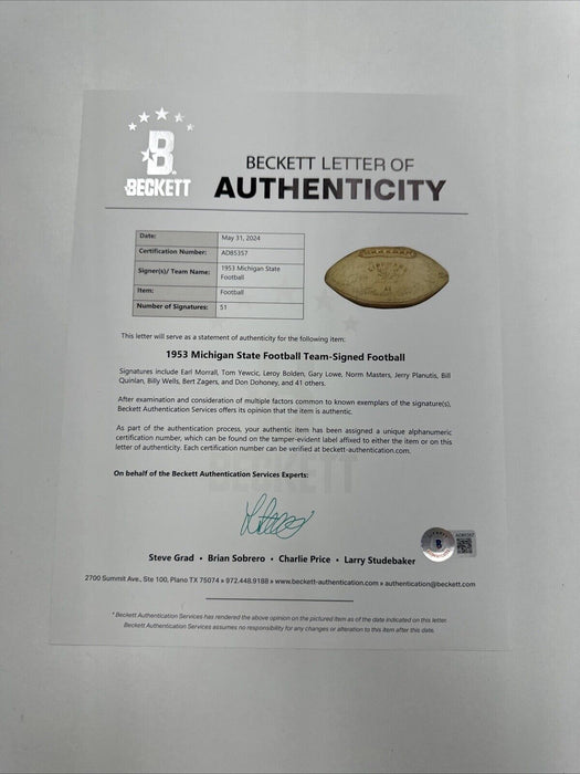 1953 Michigan State Spartans NCAA Champs Team Signed Football Beckett COA