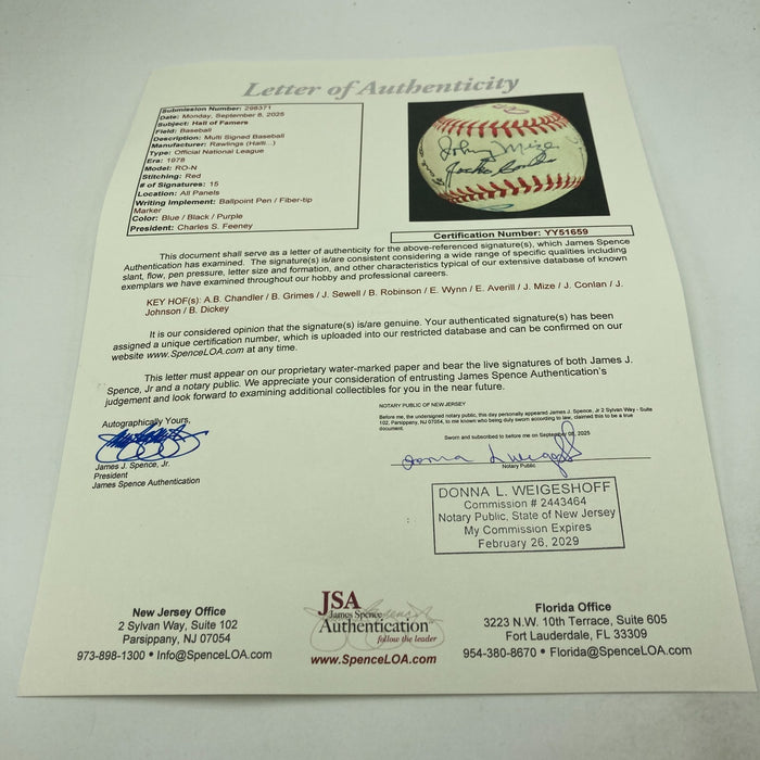 1970's HOF Multi Signed Baseball Earl Averill Burleigh Grimes JSA COA