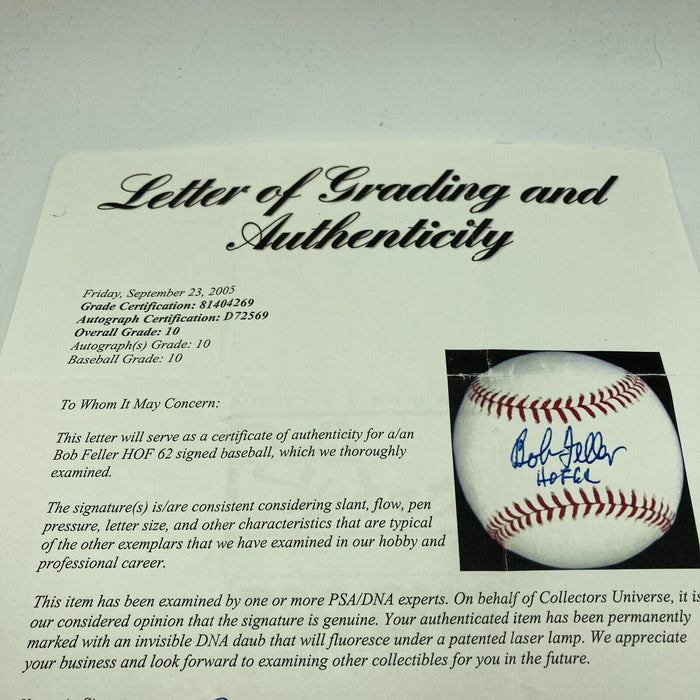Bob Feller HOF 1962 Signed Major League Baseball PSA DNA Graded 10 GEM MINT