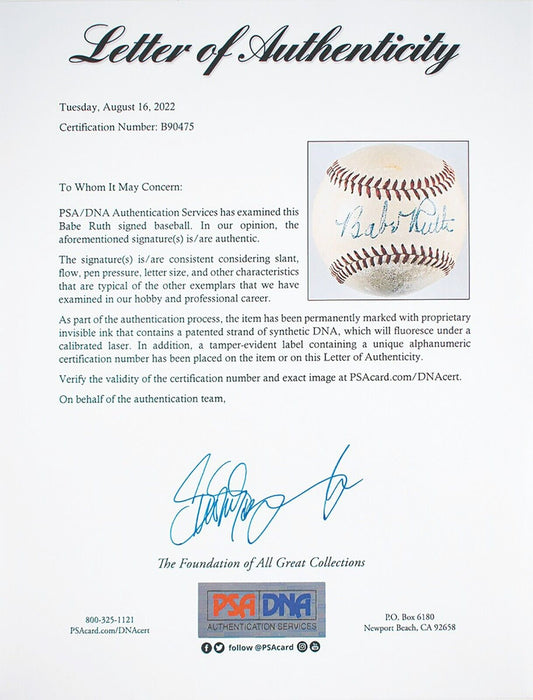 Stunning Babe Ruth Single Signed American League Baseball Bold Signature PSA DNA