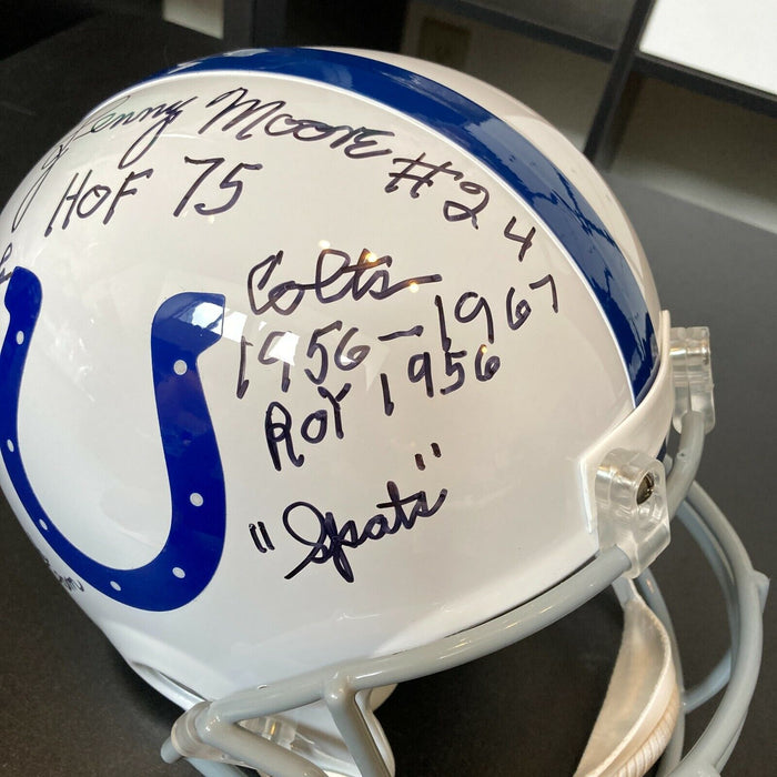 Lenny Moore Signed Heavily Inscribed Career STATS Baltimore Colts Helmet JSA COA