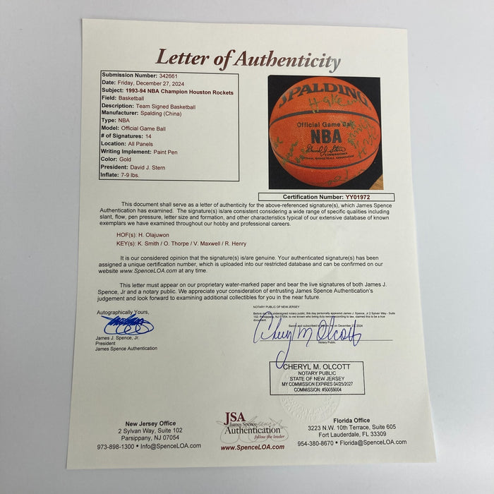 1993-94 Houston Rockets NBA Champs Team Signed Official Game Basketball JSA COA