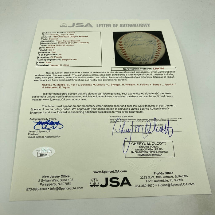 1959 All Star Game Team Signed Baseball Mickey Mantle JSA COA
