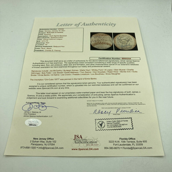 Beautiful HOF Multi Signed Baseball Joe Mccarthy Ernie Banks Stan Musial JSA COA