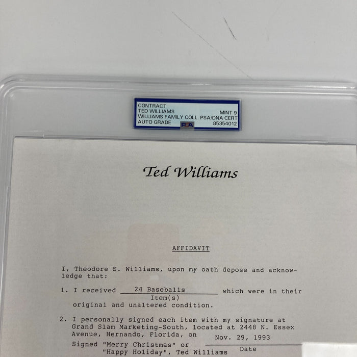 Ted Williams Full Name Signed Original Contract PSA DNA Graded MINT 9