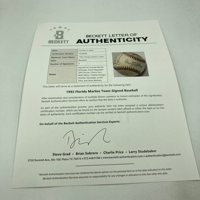 1993 Florida Marlins Inaugural First Season Team Signed Baseball Beckett COA