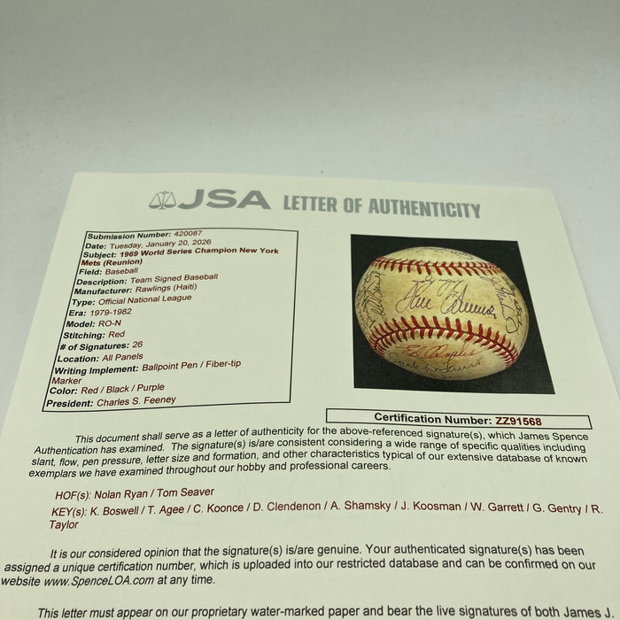 1969 New York Mets WS Champs Team Signed Baseball Tom Seaver Nolan Ryan JSA COA