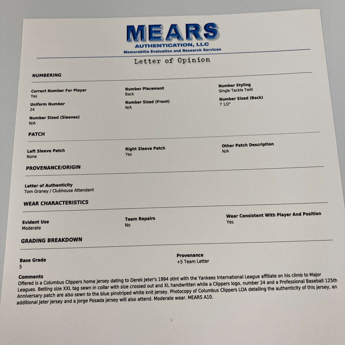 1994 Derek Jeter Signed Columbus Clippers Yankees Game Used Jersey MEARS A10 COA