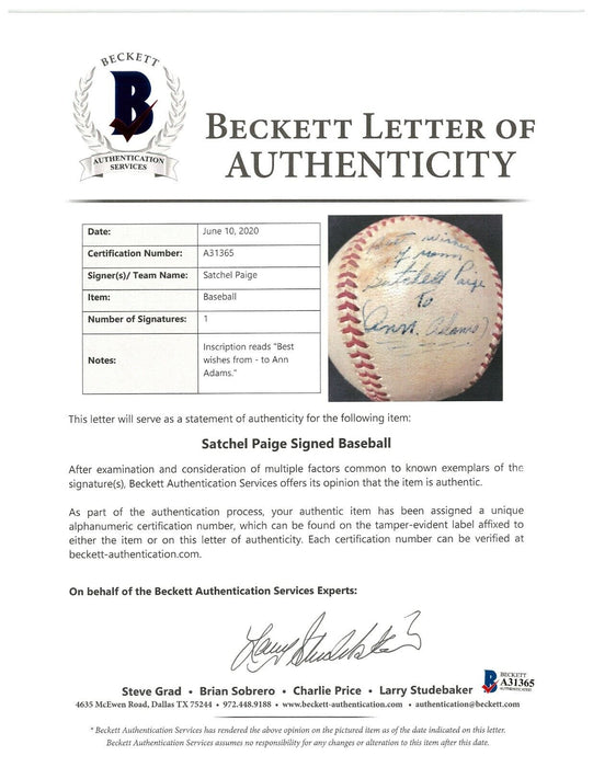 Satchel Paige Single Signed Autographed Vintage 1950's Baseball With Beckett COA