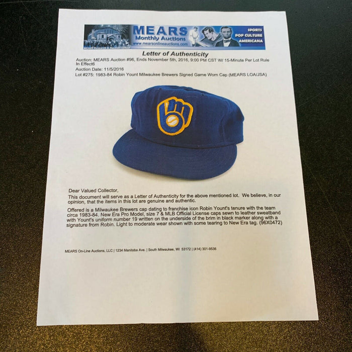 1983 Robin Yount Signed Game Used Milwaukee Brewers Baseball Hat Mears & JSA COA