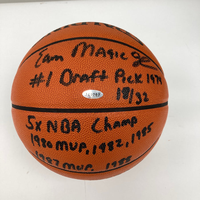 Magic Johnson Signed Heavily Inscribed STATS Basketball 18/32 JSA & Steiner COA