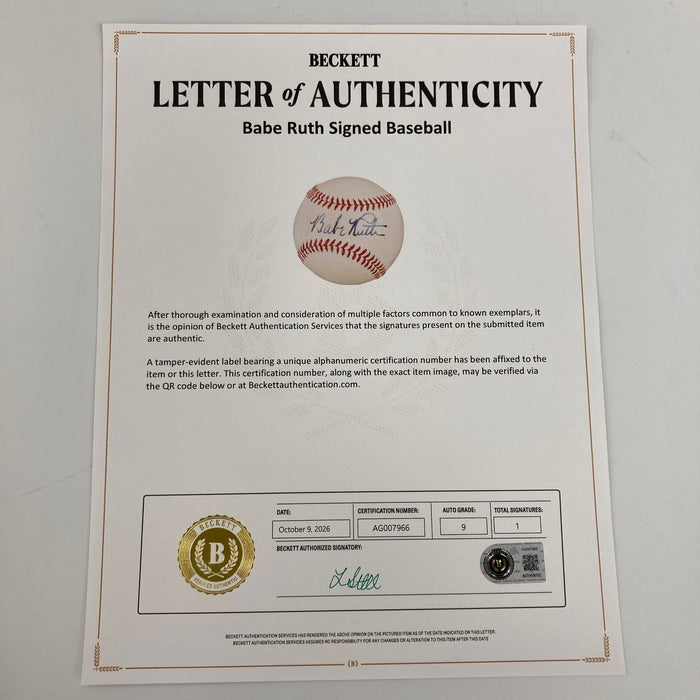 The Finest Babe Ruth Single Signed Baseball In Existence Beckett Graded 9 & PSA