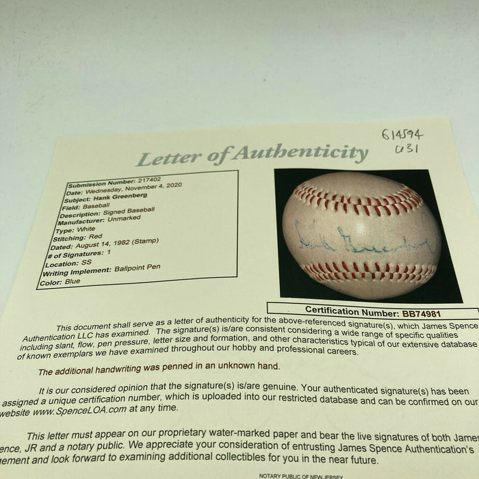 Hank Greenberg Single Signed Autographed Baseball With JSA COA
