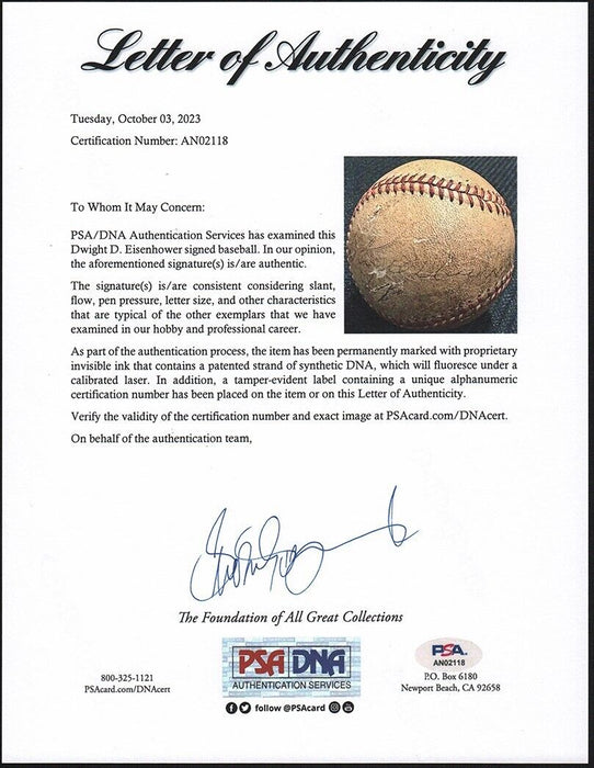 President Dwight D. Eisenhower Single Signed National League Baseball PSA DNA